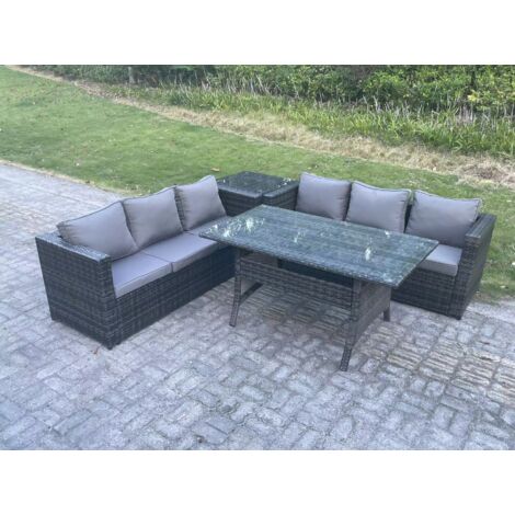 Fimous Ensemble de meubles de jardin en polyrotin Table à manger rectangulaire Canapé avec Table d'appoint 6 places Gris foncé mélangé (1/5)