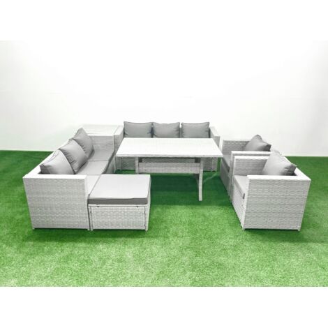 Fimous Ensemble de mobilier de jardin 9 places avec table de salle à manger 2 Fauteuils Table d'appoint Grands Tabouret Gris clair mélangé (1/5)