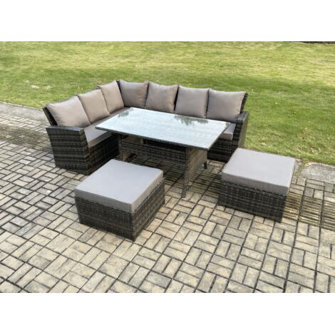 Fimous 8 places Dos haut Ensemble de meubles de jardin en rotin avec Table à manger rectangulaire 2 Grands Tabourets Gris foncé mélangé (1/5)