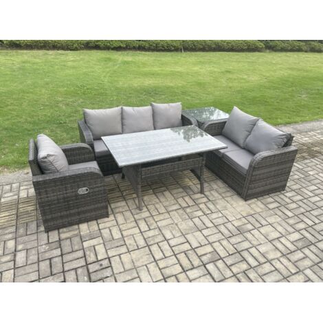 Fimous 6 places Salon de Jardin Salou en polyrotin avec Fauteuil Inclinable Table d'appoint Gris foncé mélangé (1/5)