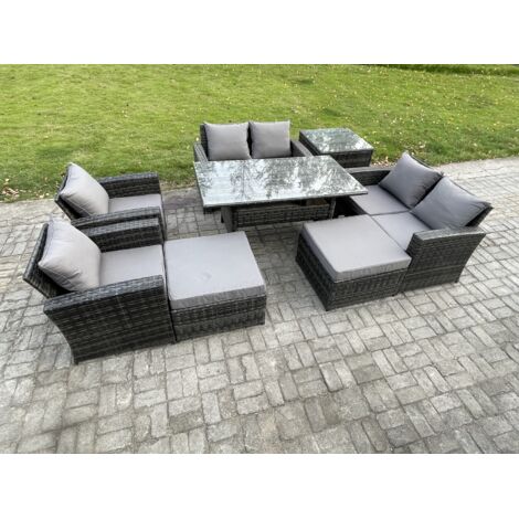 Fimous 8 Pièces Ensemble de mobilier de jardin d'extérieur avec 2 Grands Tabourets Table d'appoint Gris foncé mélangé (1/5)