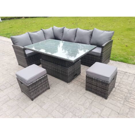 Fimous Dos haut Salon de jardin exterieur en resine Table à manger réglable en hauteur 8 places 2 Petit tabouretn (1/4)