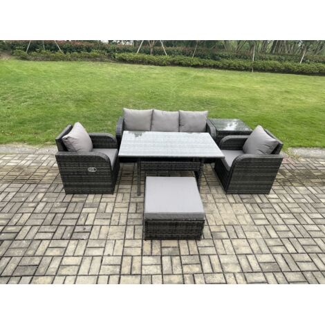 Fimous Ensemble de meubles de jardin en polyrotin Table à manger rectangulaire et Fauteuil Canapé avec Table d'appoint Grands Tabouret Gris foncé mélangé (1/5)