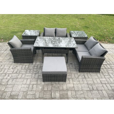 Fimous Ensemble de meubles de jardin en polyrotin avec Table de salle à manger DoppelsitzCanapé 2 Tables d'appoint Grands Tabouret Gris foncé mélangé (1/5)