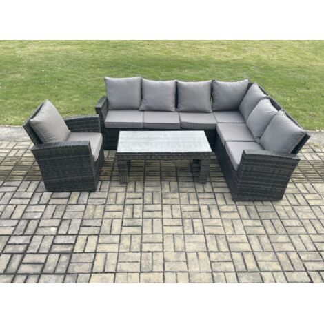 Fimous 7 Seat Ensemble de meubles de jardin en rotin avec coussin Gris foncé mélangé (1/5)