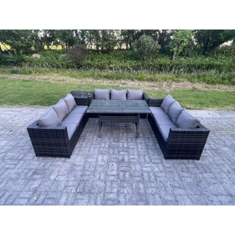 Fimous Salon de jardin exterieur en resine Table à manger rectangulaire avec Table d'appoint 9 places Gris foncé mélangé (1/5)