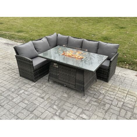 Fimous Ensemble de mobilier de jardin d'extérieur Canapé d'angle à dossier haut Table avec foyer à gaz 6 places Gris foncé mélangé (1/5)