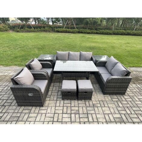 Fimous 9 places Salon de Jardin Salou en polyrotin avec 2 Fauteuil Inclinable 2 Tables d'appoint 2 Petits repose-pieds Gris foncé mélangé (1/5)