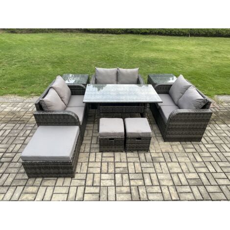 Fimous 9 Pièces Ensemble de meubles de jardin en rotin d'extérieur avec Table à manger rectangulaire canapé deux places 2 Tables d'appoint 3 Repose-pieds Gris foncé mélangé (1/5)