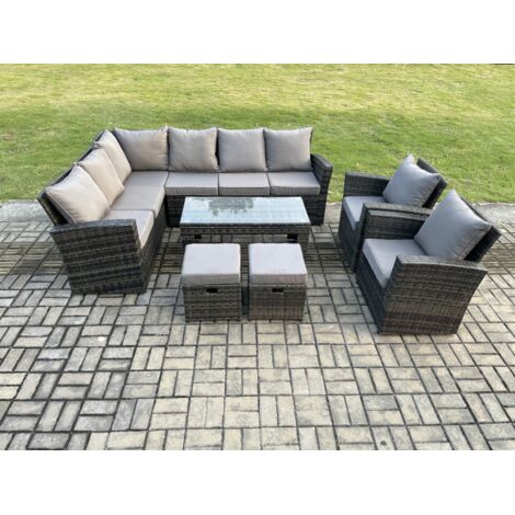 Fimous 10 Seat Ensemble de meubles de jardin en rotin avec 2 Petits repose-pieds Gris foncé mélangé (1/5)
