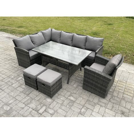 Fimous Ensemble de mobilier de jardin d'extérieur avec Table à manger rectangulaire 2 Petits repose-pieds Fauteuils Gris foncé mélangé (1/5)