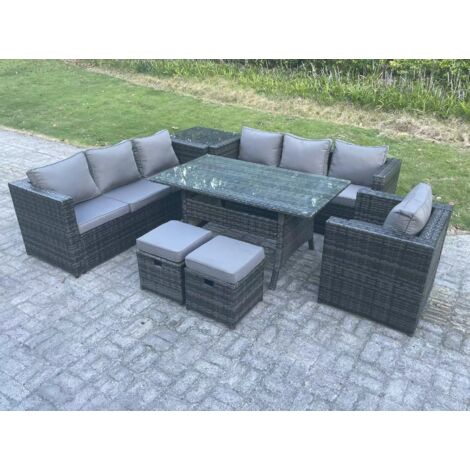 Fimous 9 places Ensemble de mobilier de jardin d'extérieur Fauteuil Table à manger rectangulaire avec Table d'appoint 2 Petit tabouret Gris foncé mélangé (1/5)