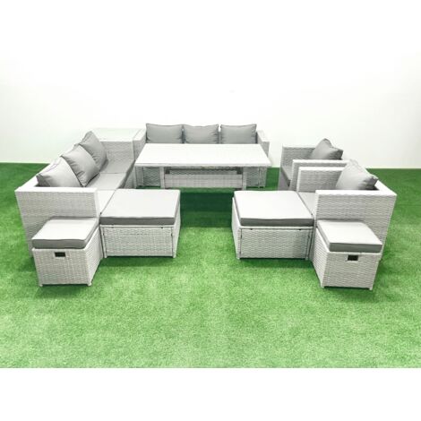 Fimous Ensembles de salons de jardin 12 places Ensemble canapé et table à manger avec 4 Tabourets Table d'appoint Gris clair mélangé (1/5)