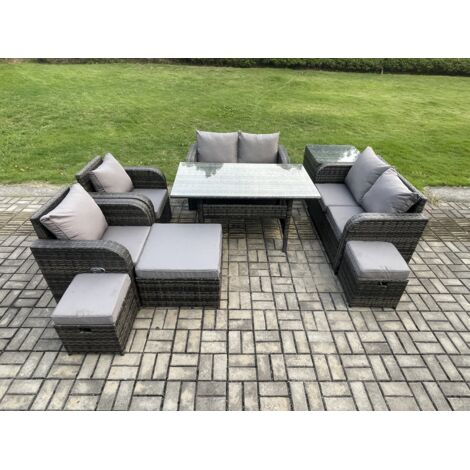 Fimous Ensemble de mobilier de jardin d'extérieur 9 Teil Gris avec Table Rectangulaire Fauteuil Inclinablen 3 Tabourets Table d'appoint (1/5)