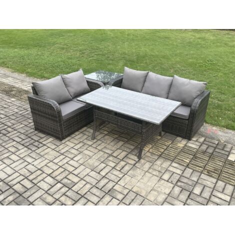 Fimous Salon de Jardin en résine tressée Table à manger rectangulaire et Canapé avec Table d'appoint Gris foncé mélangé (1/5)