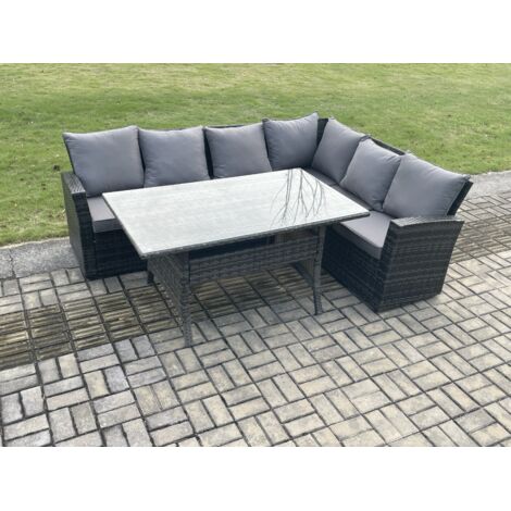 Fimous 6 places salon de jardin exterieur resine tressee avec Verre trempé et coussin (1/5)
