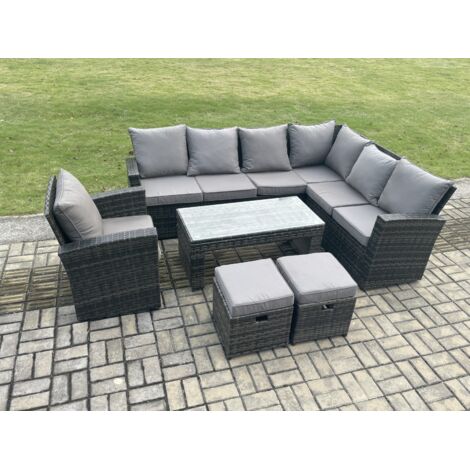 Fimous 9 Seat Ensemble de meubles de jardin en rotin avec canapé d'angle avec 2 Petits repose-pieds Fauteuils Gris foncé mélangé (1/5)