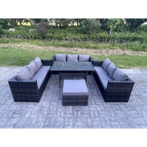 Fimous Salon de jardin exterieur en resine Table à manger rectangulaire avec Grands Tabouret 10 places Gris foncé mélangé (1/4)
