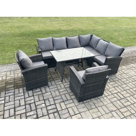 Fimous Dos haut Ensemble de meubles de jardin en rotin Ensemble canapé et table à manger avec 2 Fauteuils 8 places Gris foncé mélangé (1/5)