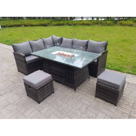Fimous Dos haut Salon de jardin exterieur en resine avec Canapé Table avec foyer à gaz Table de salle à manger 8 places 2 Petits repose-pieds (1/4)