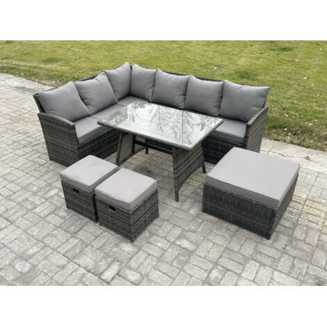 Fimous Ensemble de mobilier de jardin d'extérieur avec Table à manger oblongue 3 Repose-pieds 9 places Gris foncé mélangé (1/5)