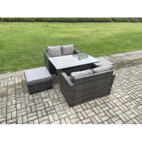 Fimous Salon de jardin exterieur resine tressee avec 2 Grands Tabourets Gris foncé mélangé (1/5)