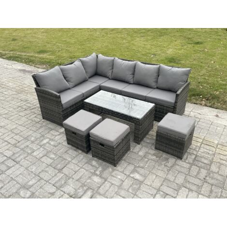 Fimous 9 places Ensemble de meubles de jardin en rotin d'extérieur avec 3 Petits tabourets Gris foncé mélangé (1/5)