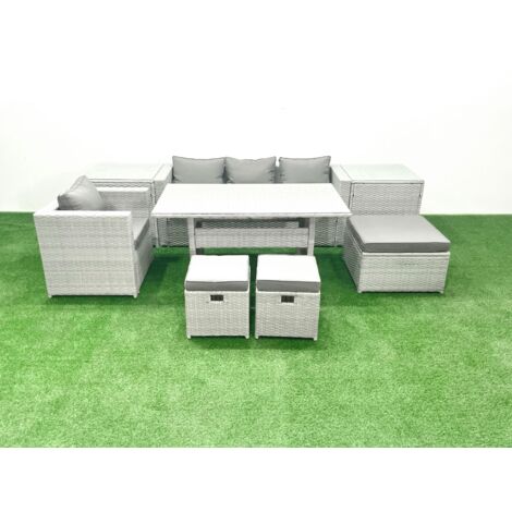 Fimous Ensembles de salons de jardin 7 places Ensemble canapé et table à manger avec 3 Repose-pieds 2 Tables d'appoint Gris clair mélangé (1/5)