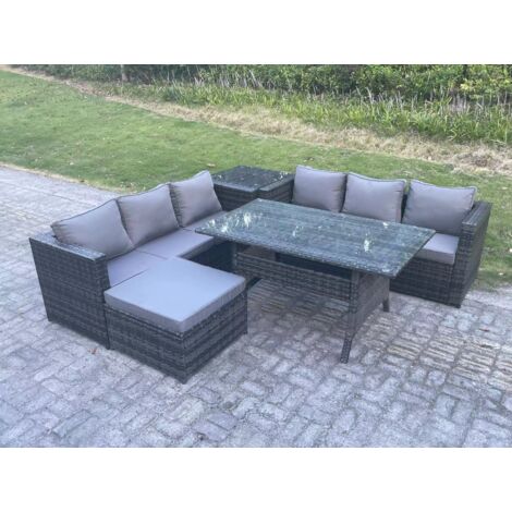 Fimous Ensemble de meubles de jardin en polyrotin Table à manger rectangulaire Canapé avec Grands Tabouret Table d'appoint 7 places Gris foncé mélangé (1/5)