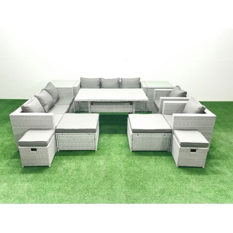 Fimous Ensembles de salons de jardin 12 places Ensemble canapé et table à manger avec 4 Tabourets 2 Tables d'appoint Gris clair mélangé (1/5)