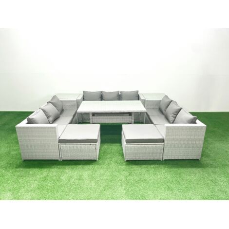 Fimous Ensemble de meubles de jardin en polyrotin 11 places  avec 2 Grands Tabourets 2 Tables d'appoint Gris clair mélangé (1/5)
