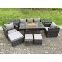 Fimous Wicker PE Rattan Garden Furniture Set Gas Fireplace Dining Table Gas Heater Burner with 2 Armchairs 2 Side Tables 8 Seater Dark Grey Mix Tabouret de pied