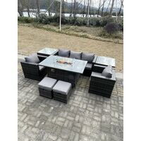 Fimous Outdoor Pe Rotin Garden Furniture Gas Fire Pit Table À Manger Fauteuil Avec Deux Côtés Table Basse Tabouret Gris Foncé Mixte