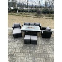 Fimous Outdoor Pe Rotin Garden Furniture Gas Firepit Table Fauteuil Avec 3 Tabourets Gris Foncé Mixte