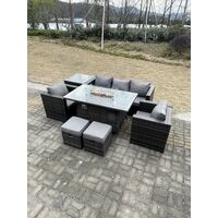 Fimous Outdoor Pe Rotin Garden Furniture Gas Firepit Table À Manger Fauteuil Table Basse Haute 2 Tabourets Gris Foncé Mélangés