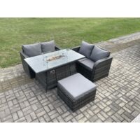 Fimous Salon de jardin en rotin avec Gas Fire Pit Table Tabouret 4 Pièces Love Sofa Set Mélange gris foncé