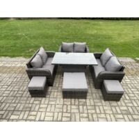 Fimous Salon de jardin en rotin 3 pièces Love Sofa et Adjustable Rising lifting Dining Table avec 3 Tabourets