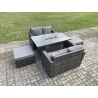 Fimous Salon de jardin en rotin avec Gas Fire Pit Table 5 Pièces Love Sofa Set Mélange gris foncé