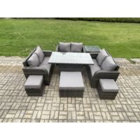 Fimous Salon de jardin en rotin 3 pièces Love Sofa et Adjustable Rising lifting Dining Table avec Tables d'appoint 3 Tabourets