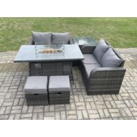 Fimous Salon de jardin en rotin avec Gas Fire Pit Table 6 Pièces Love Sofa Set Mélange gris foncé
