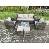 Fimous Mobilier de jardin extérieur en rotin avec Fauteuil Table basse carrée 2 Petits poufs Mélange gris foncé