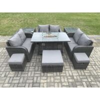Fimous Salon de jardin Gas Fire Pit Table avec 2 Tables d'appoint Love Sofa 3 Tabourets Mélange gris foncé