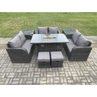 Fimous 8 places Salon de jardin Gas Fire Pit Table avec Tables d'appoint Love Sofa 2 Petits poufs Mélange gris foncé