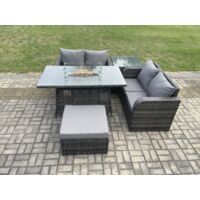 Fimous Salon de jardin en rotin avec Gas Fire Pit Table 5 Pièces Love Sofa Set Mélange gris foncé