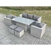 Fimous – Salon de jardin en rotin PE – Table à manger réglable en hauteur 140x80cm – Canapé 2 places avec 2 fauteuils et 2 poufs gris clair