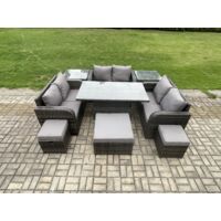 Fimous Salon de jardin en rotin 3 pièces Love Sofa et Adjustable Rising lifting Dining Table avec 2 Tables d'appoint 3 Tabourets