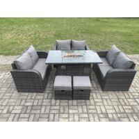 Fimous 8 places Salon de jardin Gas Fire Pit Table avec 2 Petits poufs Love Sofa Mélange gris foncé