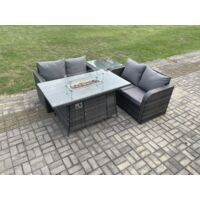 Fimous Salon de jardin en rotin avec Gas Fire Pit Table 4 Pièces Love Sofa Set Mélange gris foncé