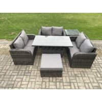 Fimous Salon de jardin en rotin 3 pièces Love Sofa et Table à manger réglable en hauteur avec Tables d'appoint grand tabouret