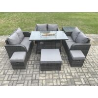 Fimous 9 places Salon de jardin Gas Fire Pit Table avec Tables d'appoint Love Sofa 3 Tabourets Mélange gris foncé